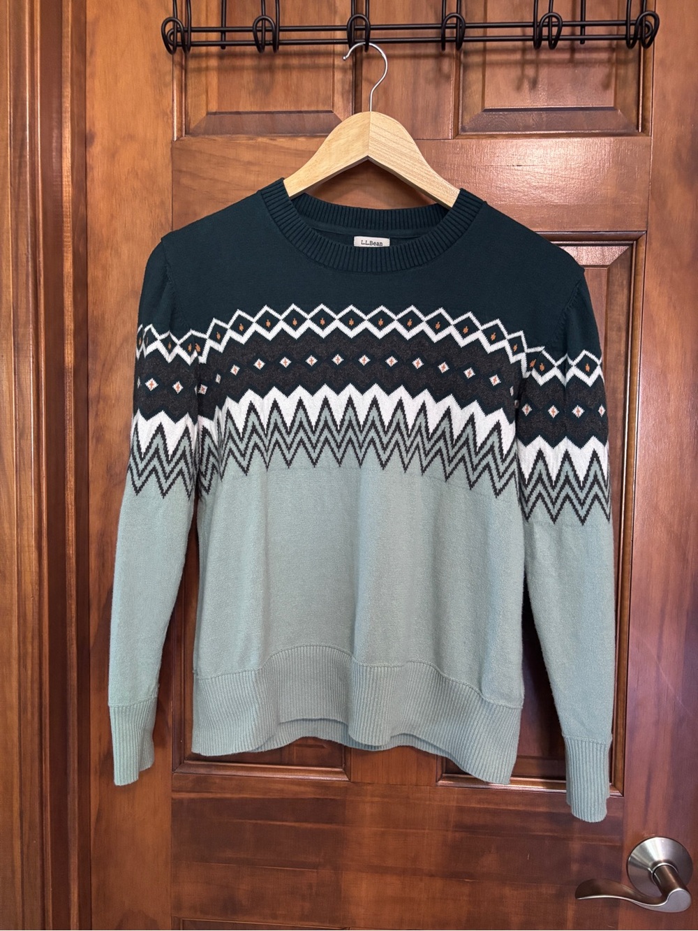 L.L. Bean Women's Cotton Cashmere Blend Crewneck Teal & Mint Fair Isle Sweater